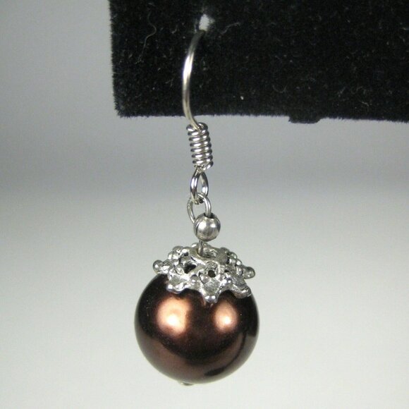 Earring Pierced 1.1 in Jewelry Beaded  Dangle Wire Hook Brown Silvetone - Picture 3 of 5